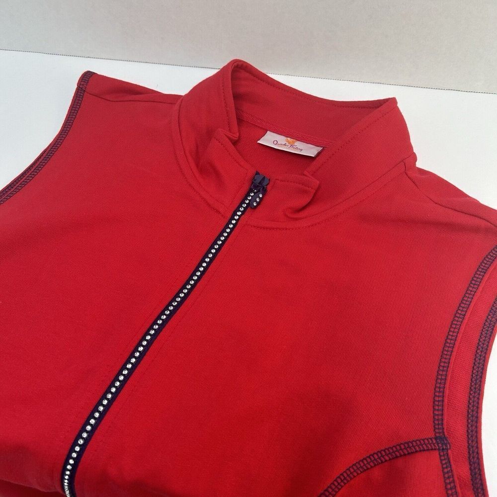 Quacker Factory NWT Red French Terry Full Zip Embellished Rhinestone Vest Size L